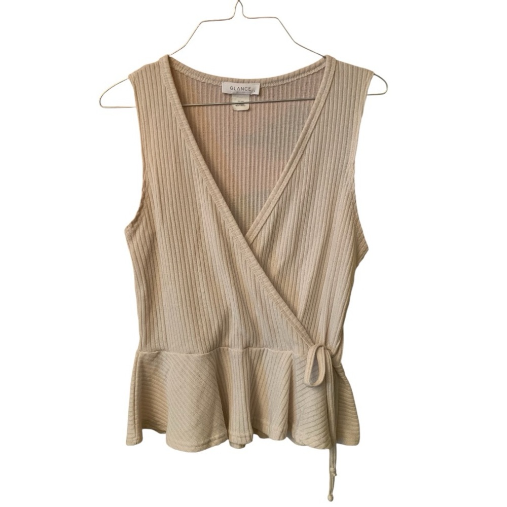 Glance Sleeveless Ribbed Wrap Top. Color Cream Size L